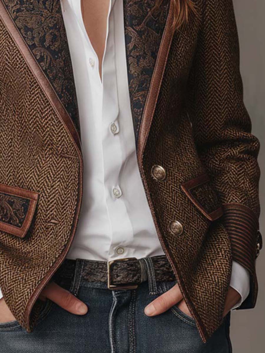 Brown Peak Lapel Herringbone Tweed Paisley Panel Leather Trim Blazer 8