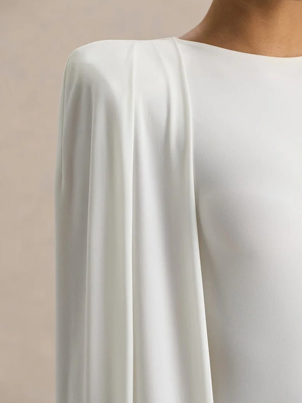 White Crew Neck Shoulder Cape Drape Column Maxi Gown 3