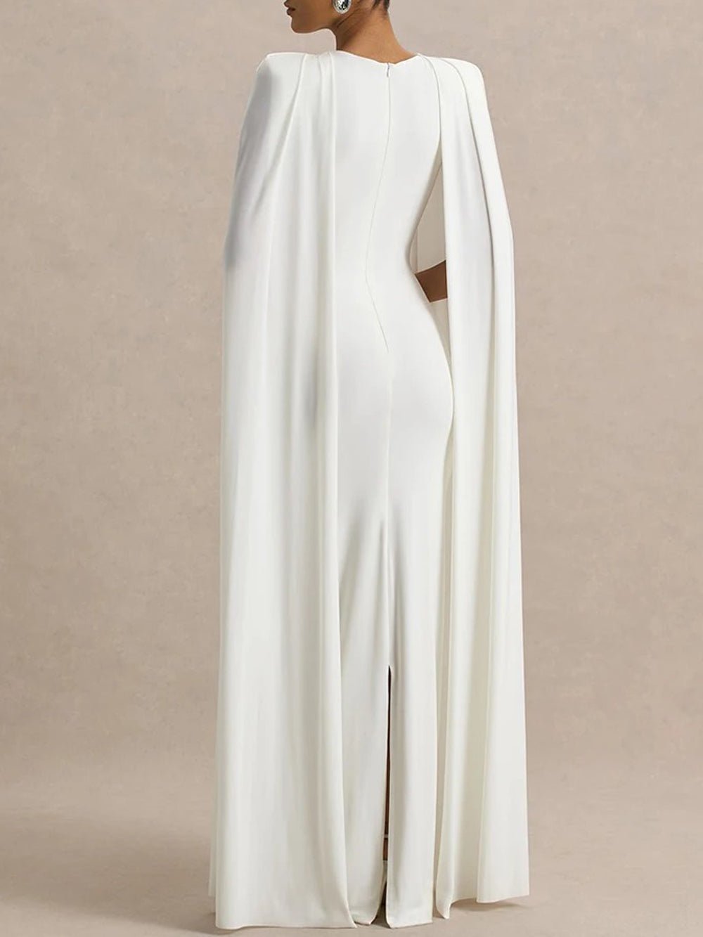 White Crew Neck Shoulder Cape Drape Column Maxi Gown 2