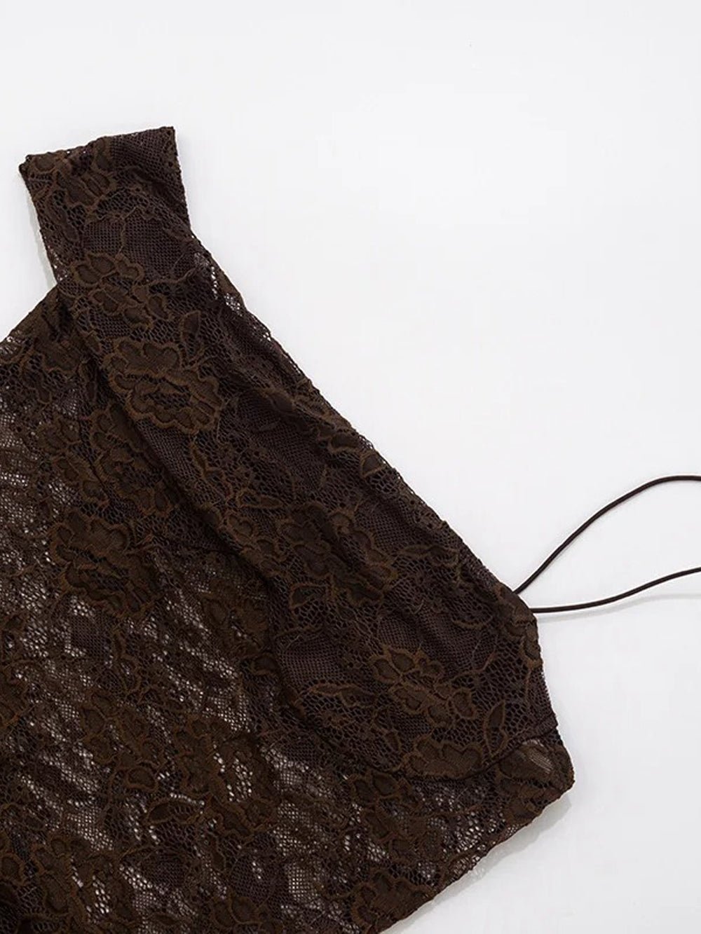 Brown Lace Corset Bodice Asymmetric Strap Draped Column Maxi Gown 7