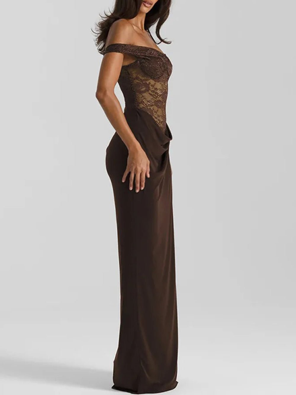 Brown Lace Corset Bodice Asymmetric Strap Draped Column Maxi Gown 3