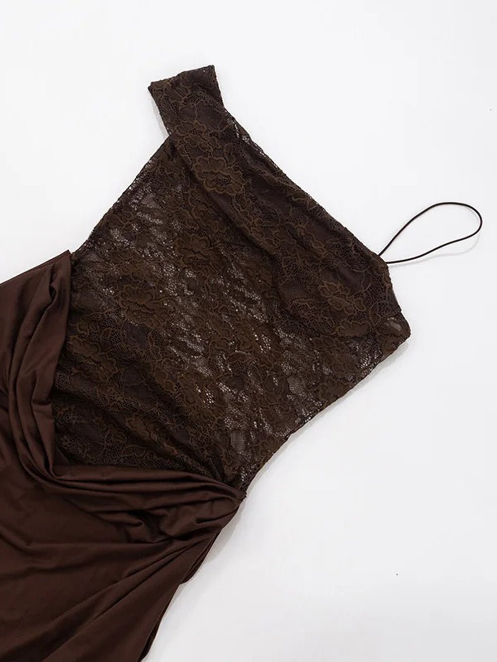 Brown Lace Corset Bodice Asymmetric Strap Draped Column Maxi Gown 4