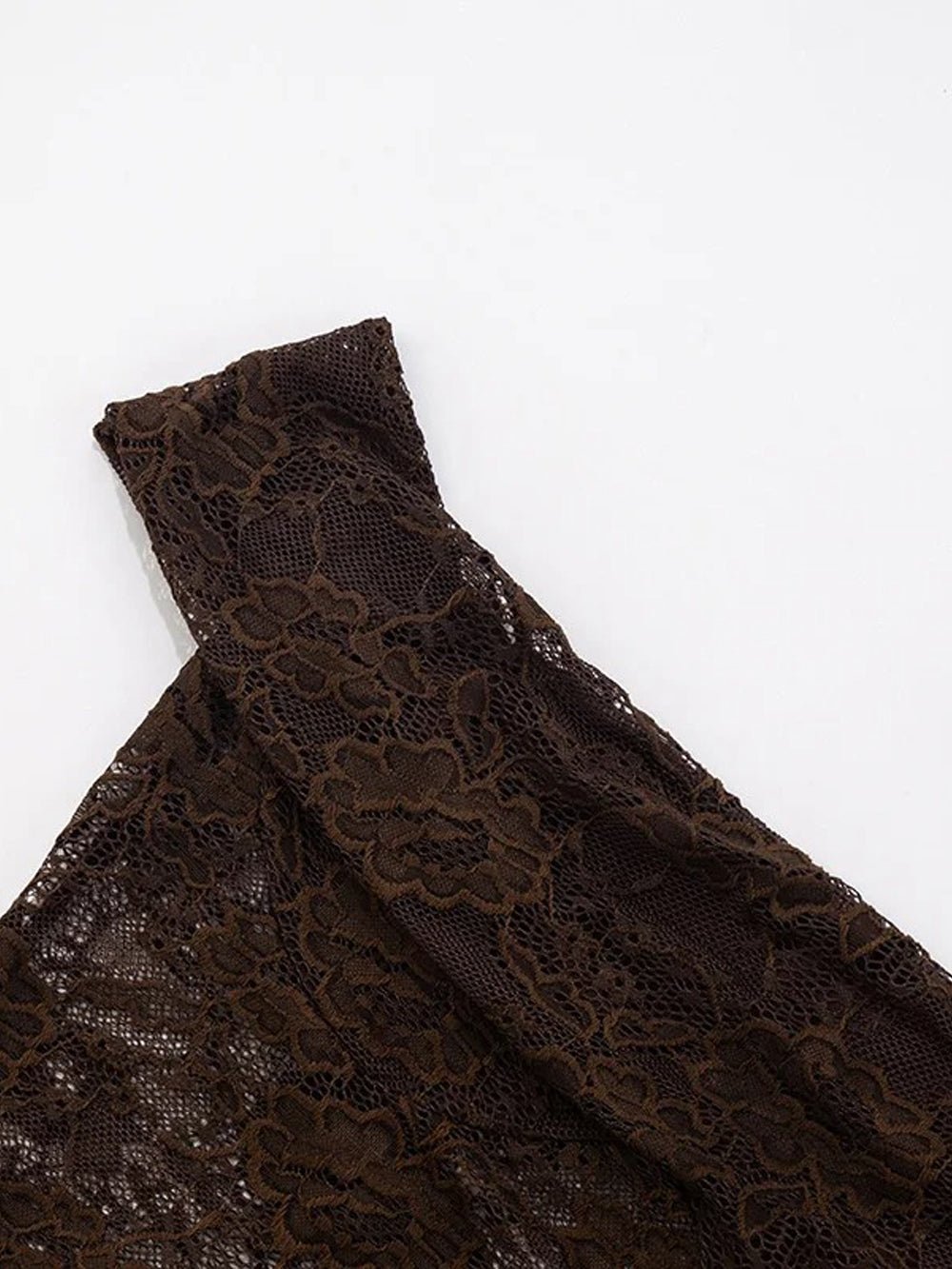 Brown Lace Corset Bodice Asymmetric Strap Draped Column Maxi Gown 5