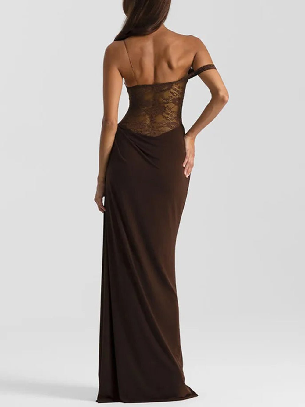 Brown Lace Corset Bodice Asymmetric Strap Draped Column Maxi Gown 2