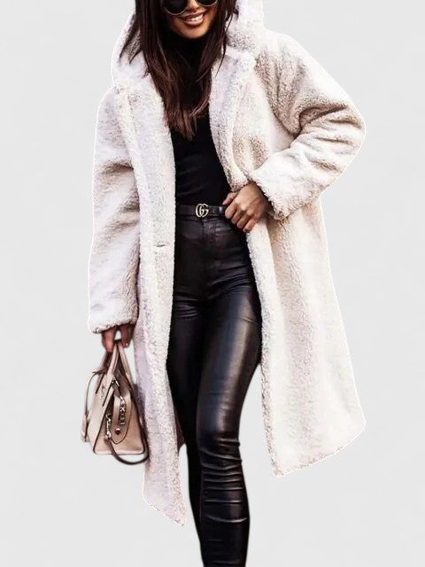 Hooded Lapel Teddy Fleece Longline Open Front Coat