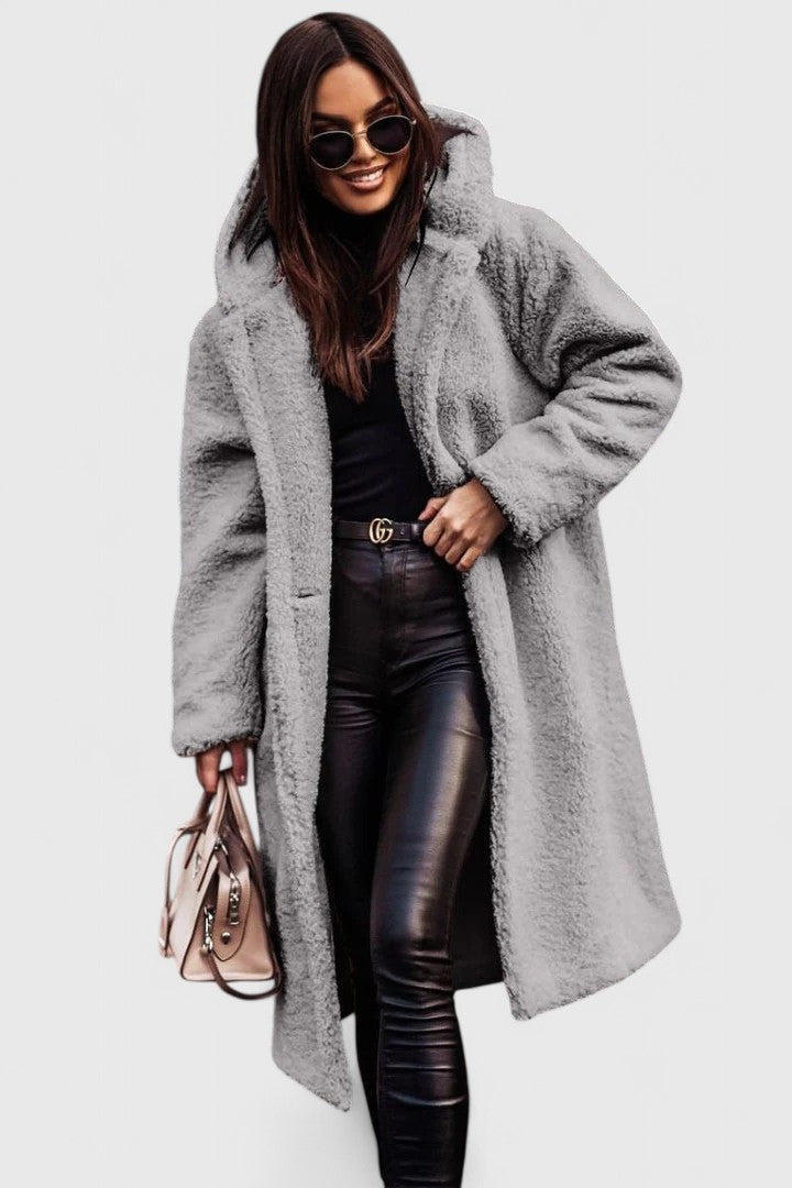 Hooded Lapel Teddy Fleece Longline Open Front Coat