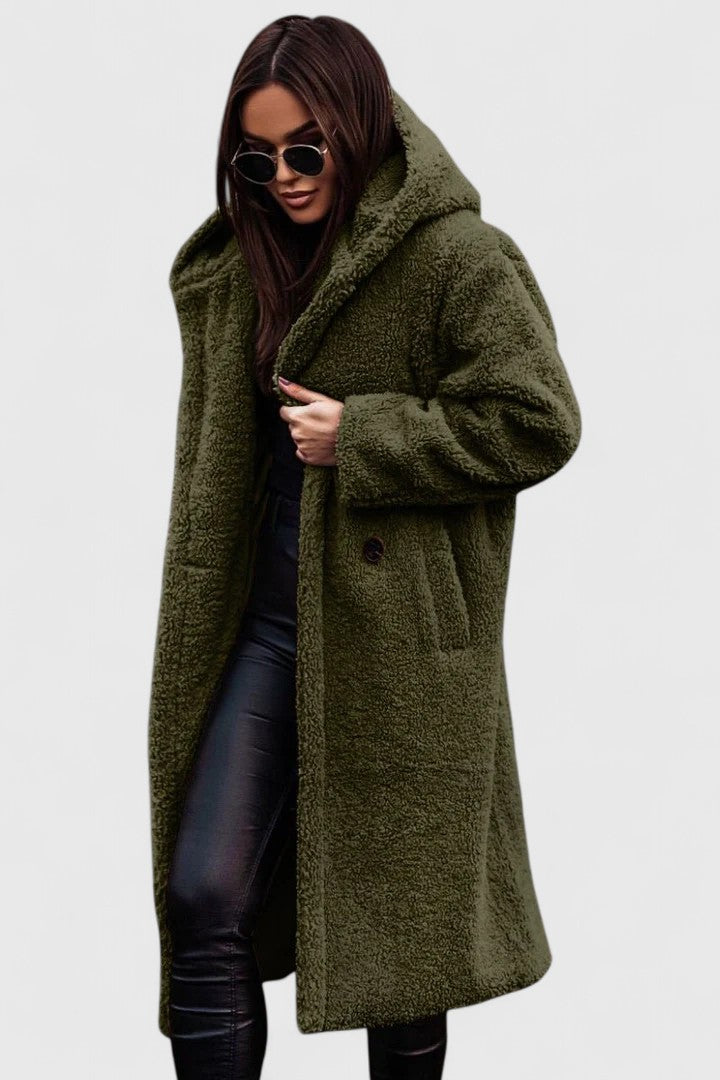 Hooded Lapel Teddy Fleece Longline Open Front Coat