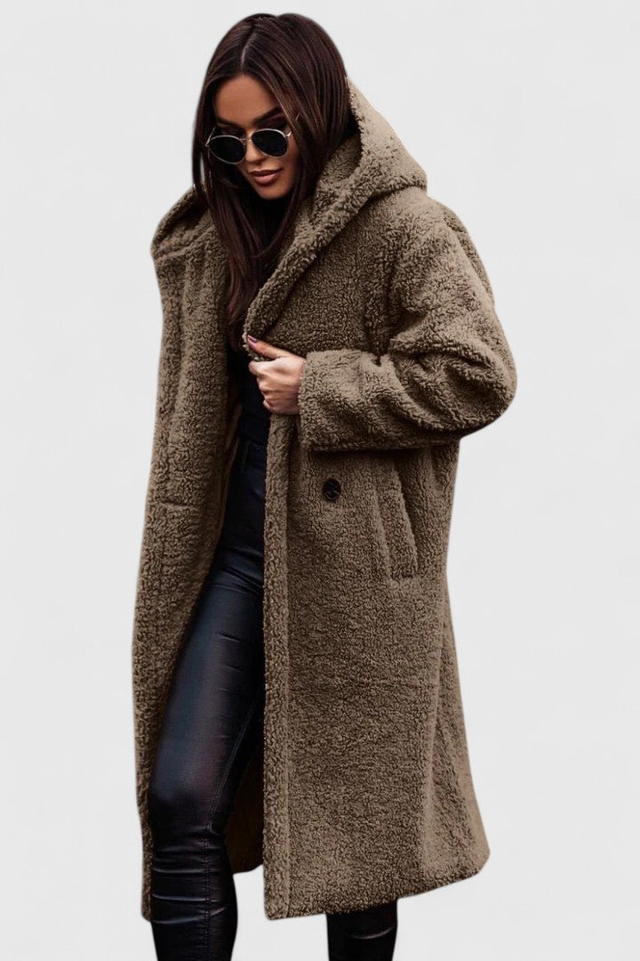 Hooded Lapel Teddy Fleece Longline Open Front Coat