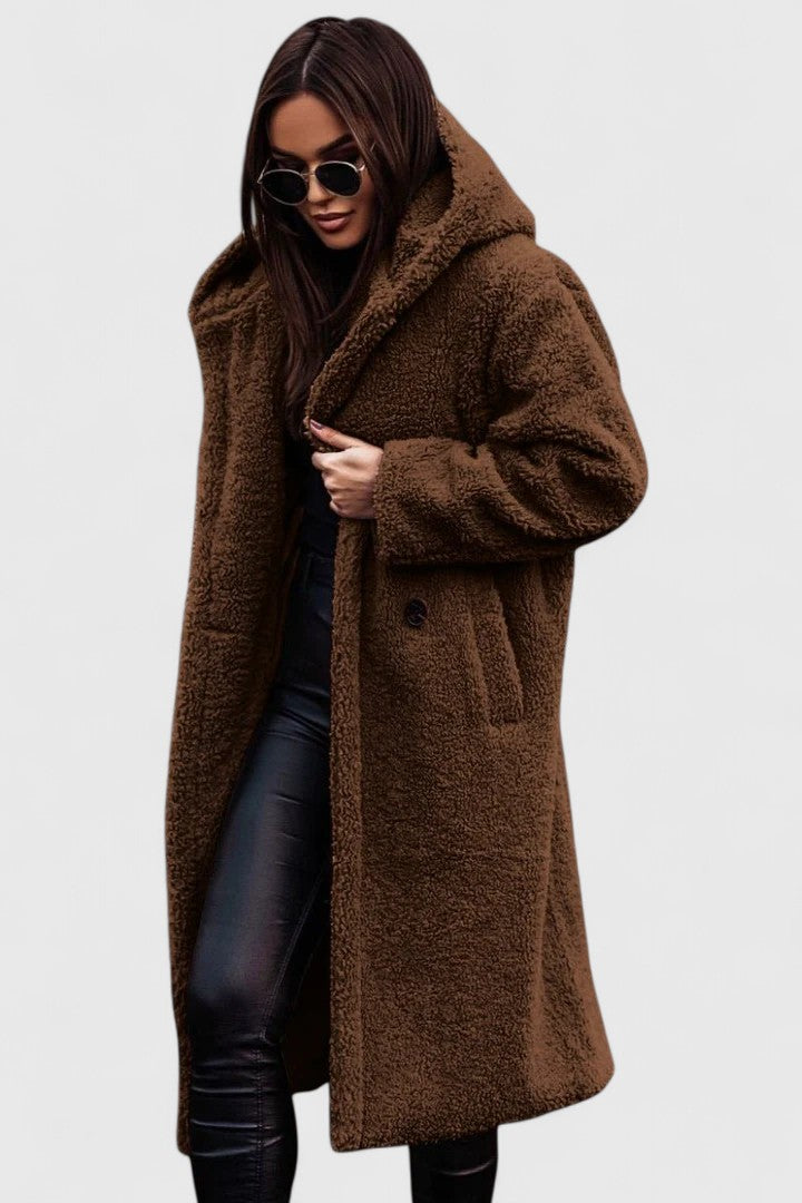 Hooded Lapel Teddy Fleece Longline Open Front Coat