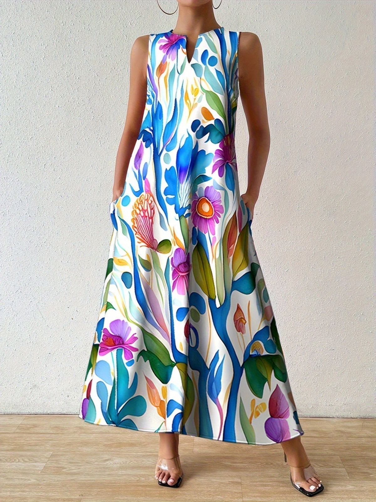 Notch V-Neck Abstract Floral Sleeveless Pocket A-Line Maxi Dress