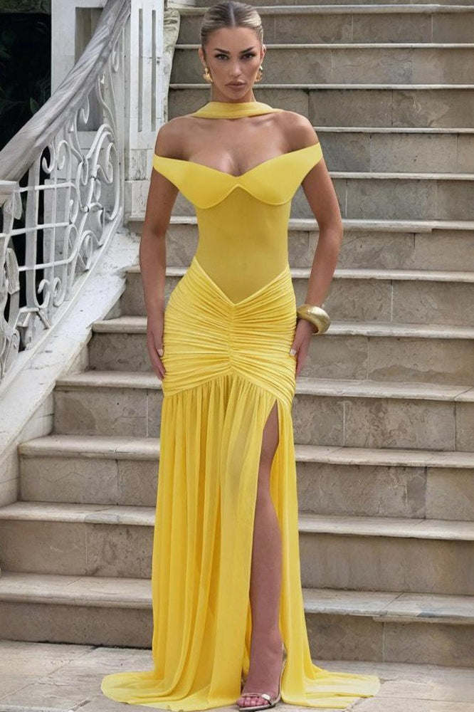 Strapless Backless Mesh Ruched Slit Party Dress
