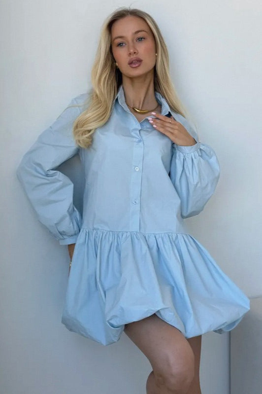Puff Sleeve Buttoned Mini Dress