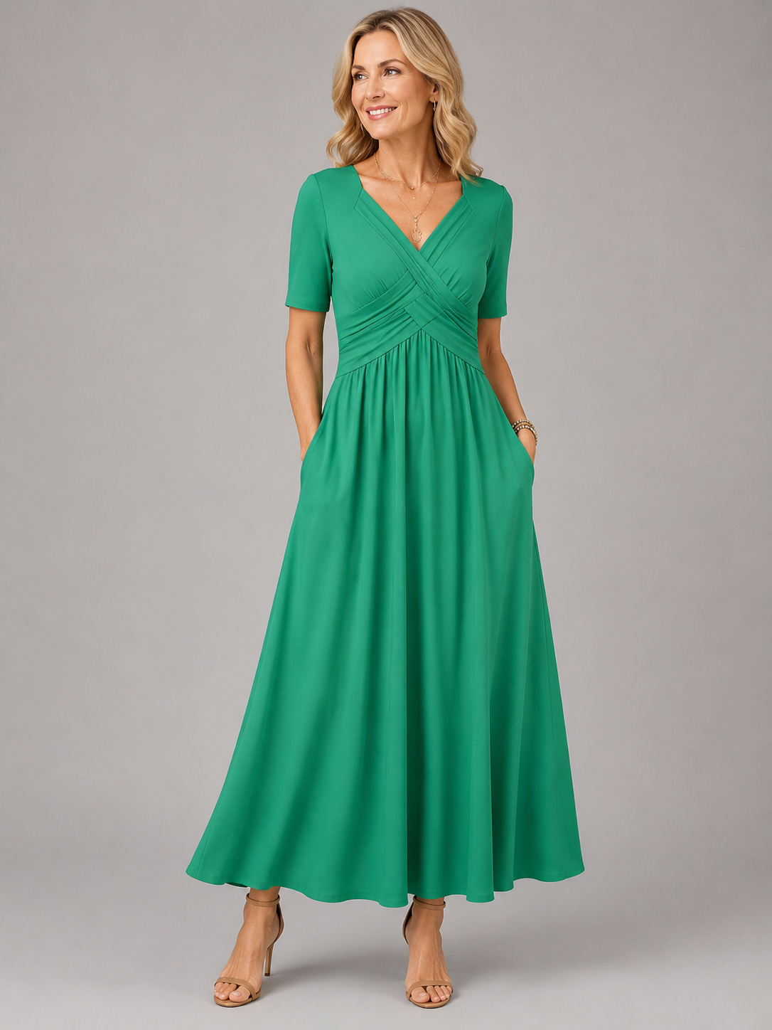 V-Neck Criss Cross Ruched Short Sleeve A-Line Maxi Dress