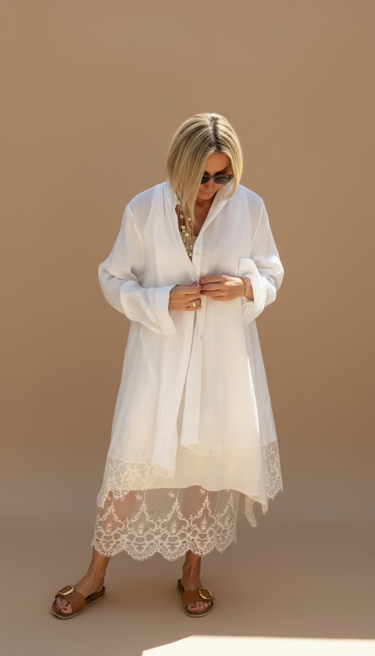 Collared Long Sleeve Linen Cardigan Lace Hem Dress Set