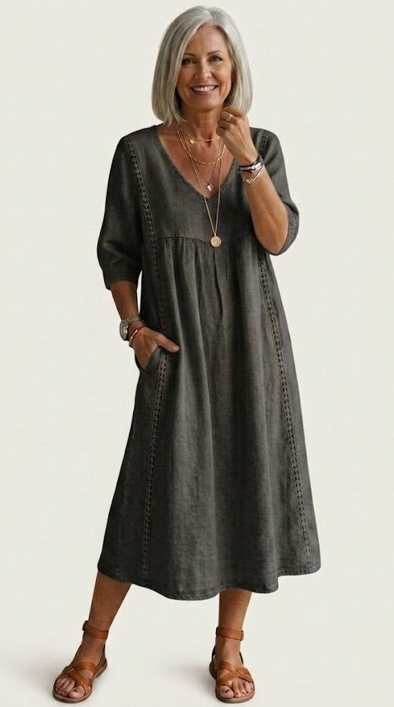 V-Neck Half Sleeve Chambray Embroidered Trim Pocket A-Line Midi Dress 7