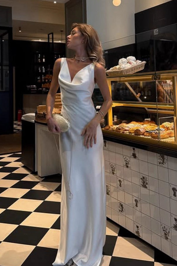 Solid Satin Cowl-Neck Luxury Party Dress