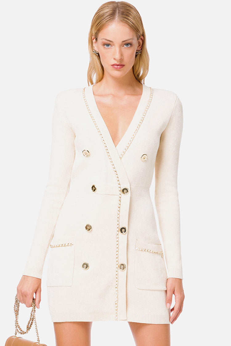 Cream Deep V-Neck Gold Button Chain Trim Knit Sweater Mini Dress