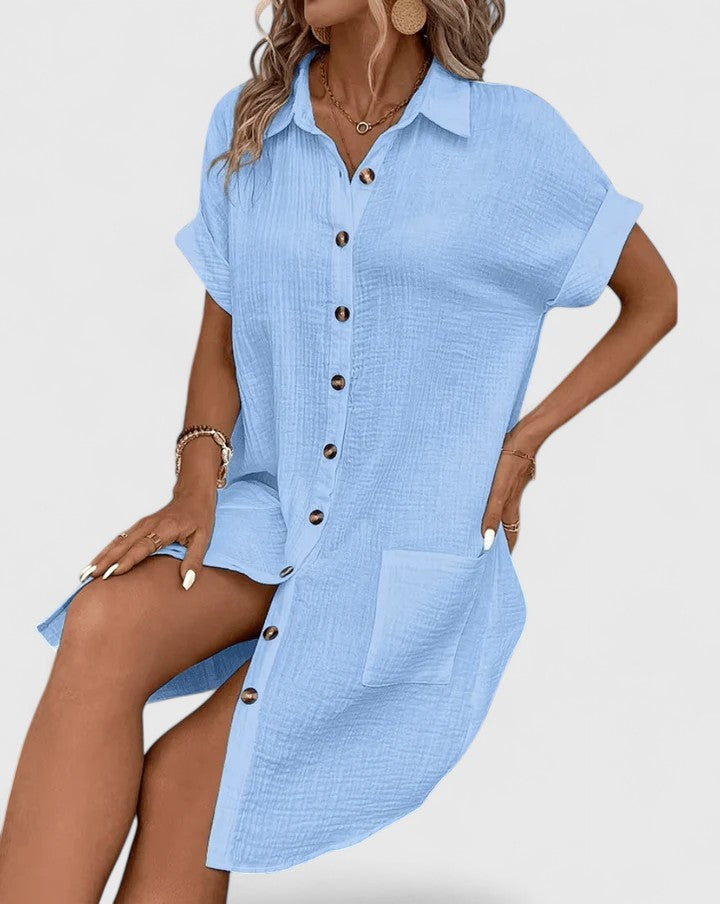 Collared Textured Cotton Short Sleeve Patch Pocket Shift Midi Dress 6
