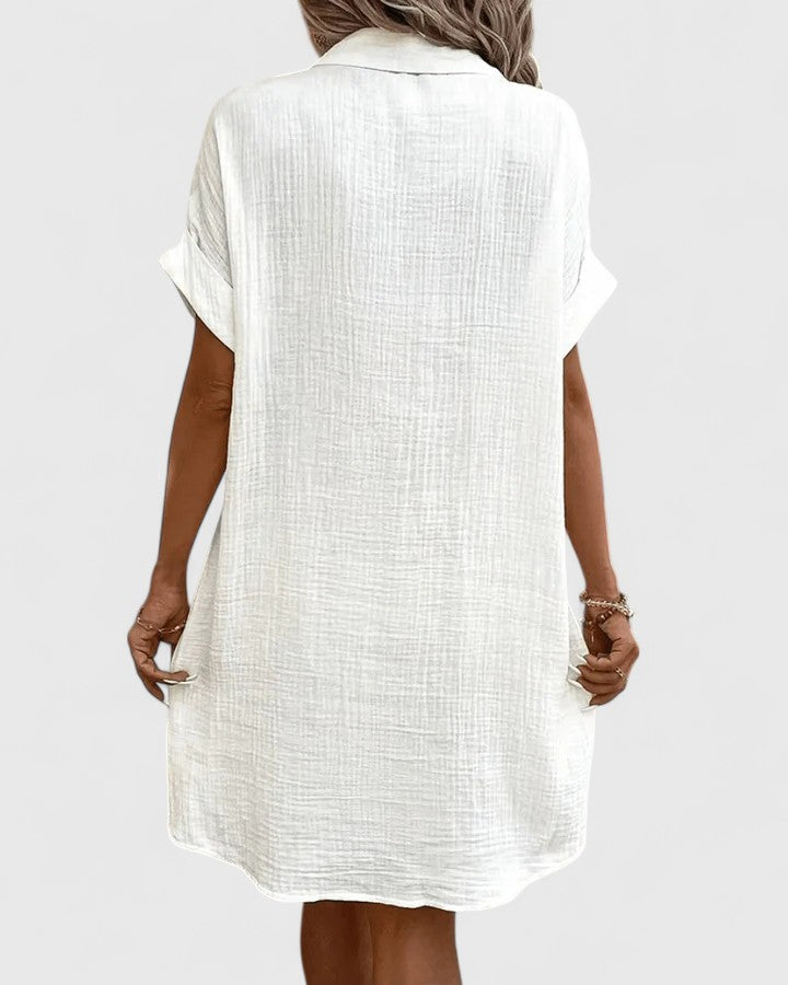 Collared Textured Cotton Short Sleeve Patch Pocket Shift Midi Dress 12