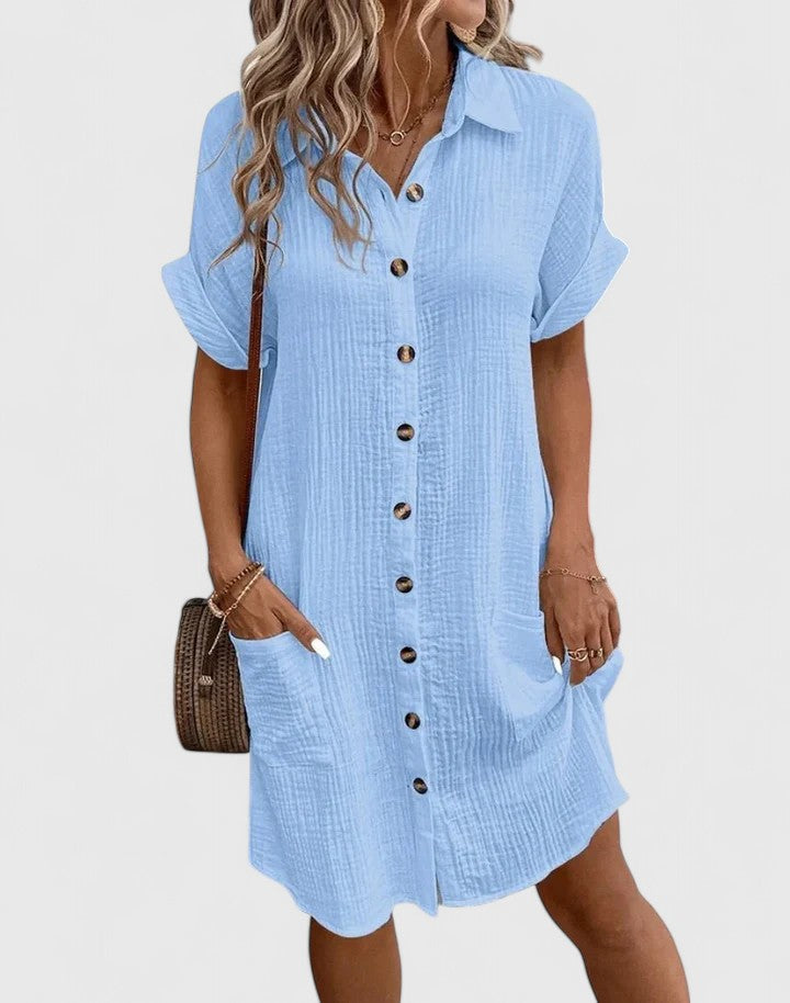 Collared Textured Cotton Short Sleeve Patch Pocket Shift Midi Dress 13