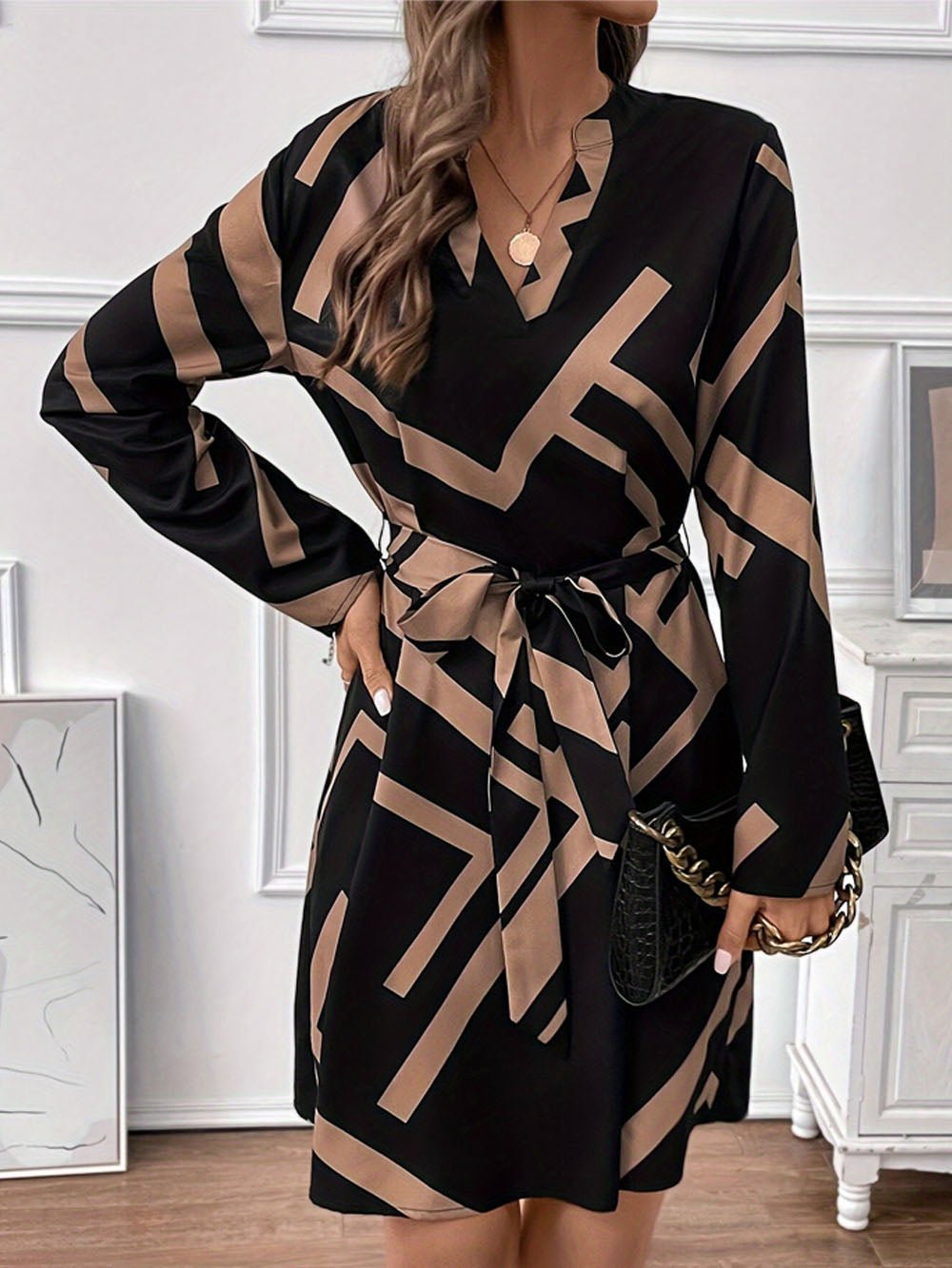 Multi Geometric Print V-Neck Long Sleeve Tie Waist A-Line Mini Dress 3