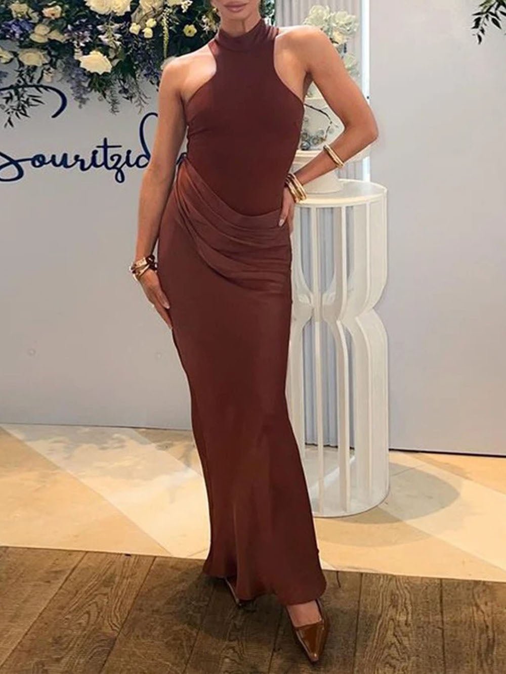 Halter Neck Sleeveless Waist Cut Out Asymmetric Drape Column Maxi Dress 5