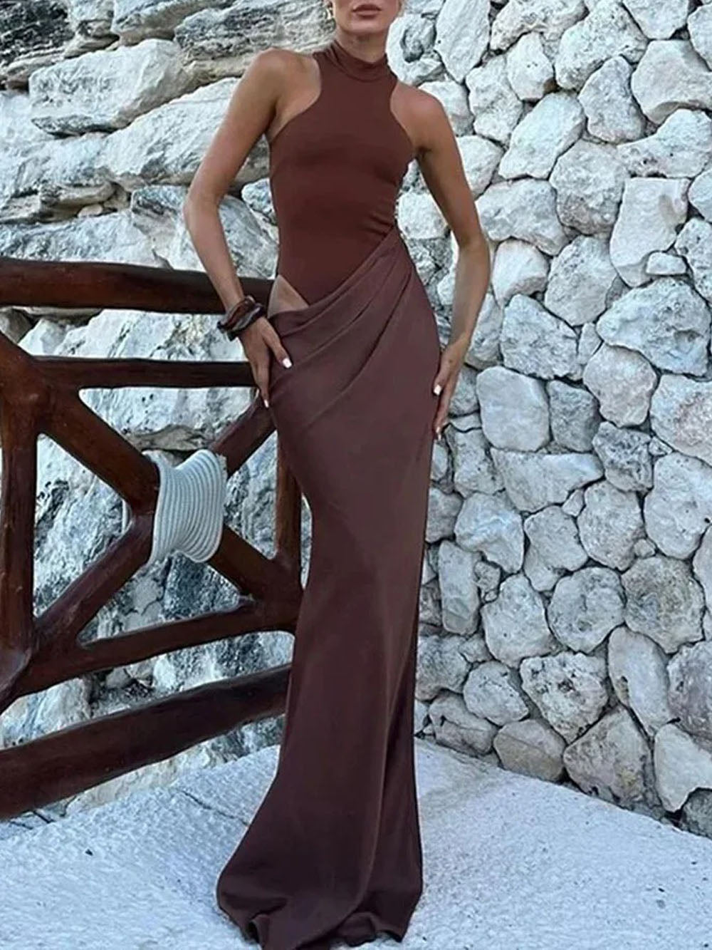 Halter Neck Sleeveless Waist Cut Out Asymmetric Drape Column Maxi Dress 4