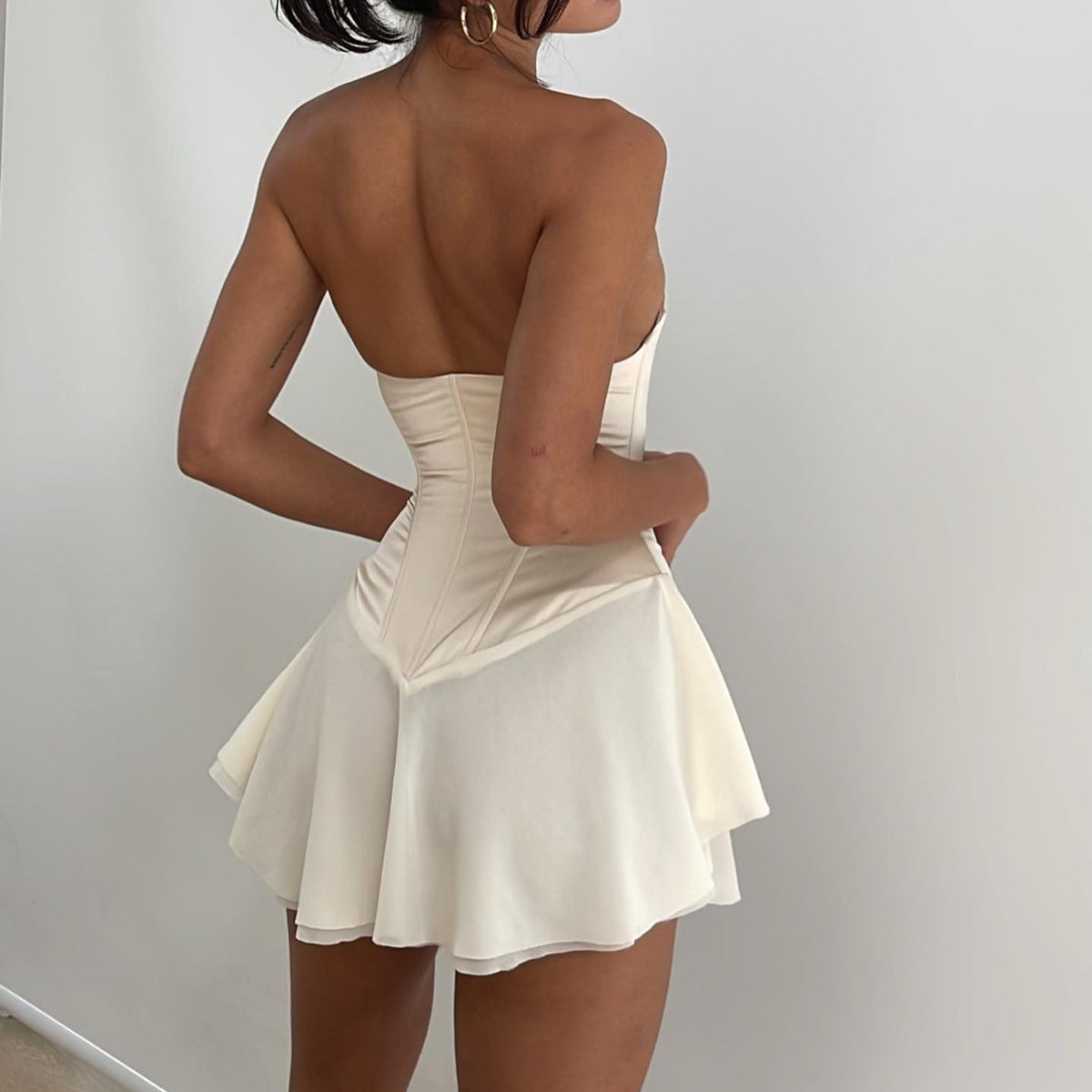 White Strapless Lace-Up Corset Flared Mini Dress