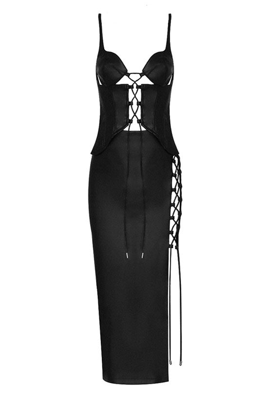Black Spaghetti Strap Lace-Up Bustier Leather High Slit Skirt Set