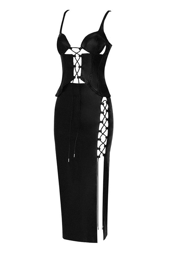 Black Spaghetti Strap Lace-Up Bustier Leather High Slit Skirt Set
