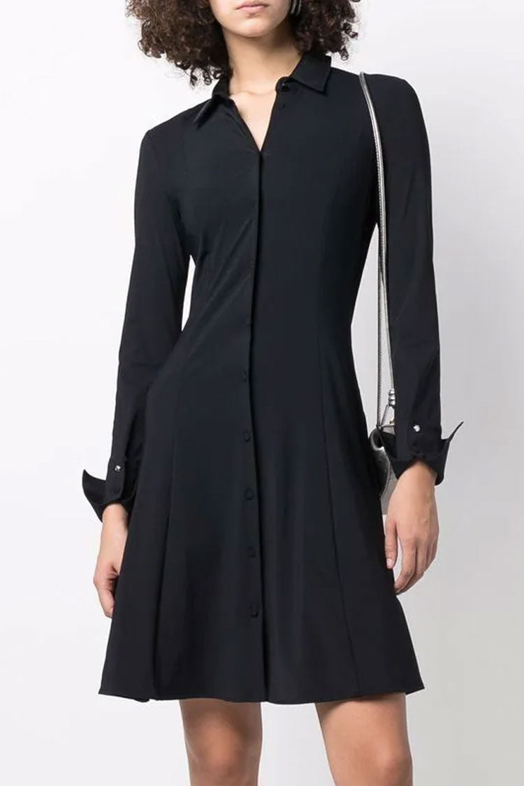 Black Collared Button Down Long Sleeve Fit Flare Shirt Mini Dress