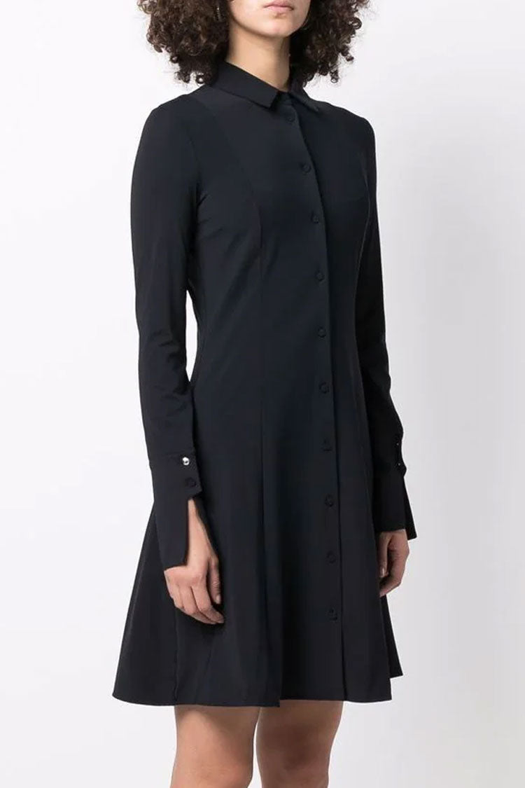 Black Collared Button Down Long Sleeve Fit Flare Shirt Mini Dress