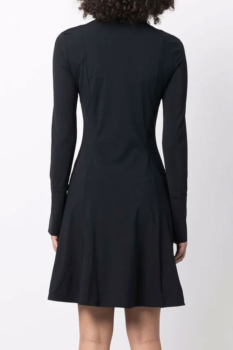 Black Collared Button Down Long Sleeve Fit Flare Shirt Mini Dress