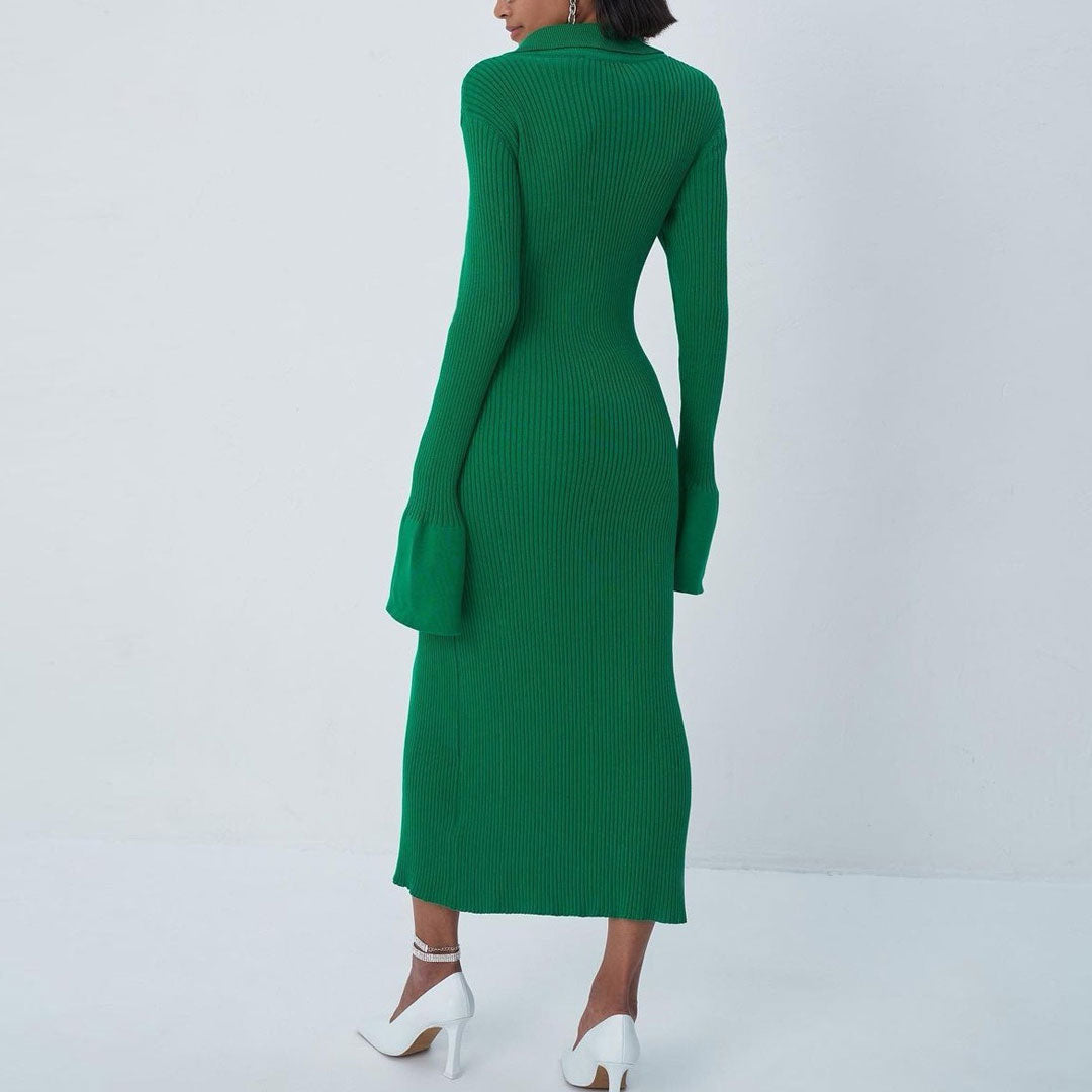 Green Collared Button Front Ribbed Knit Front Slit Bodycon Midi Dress