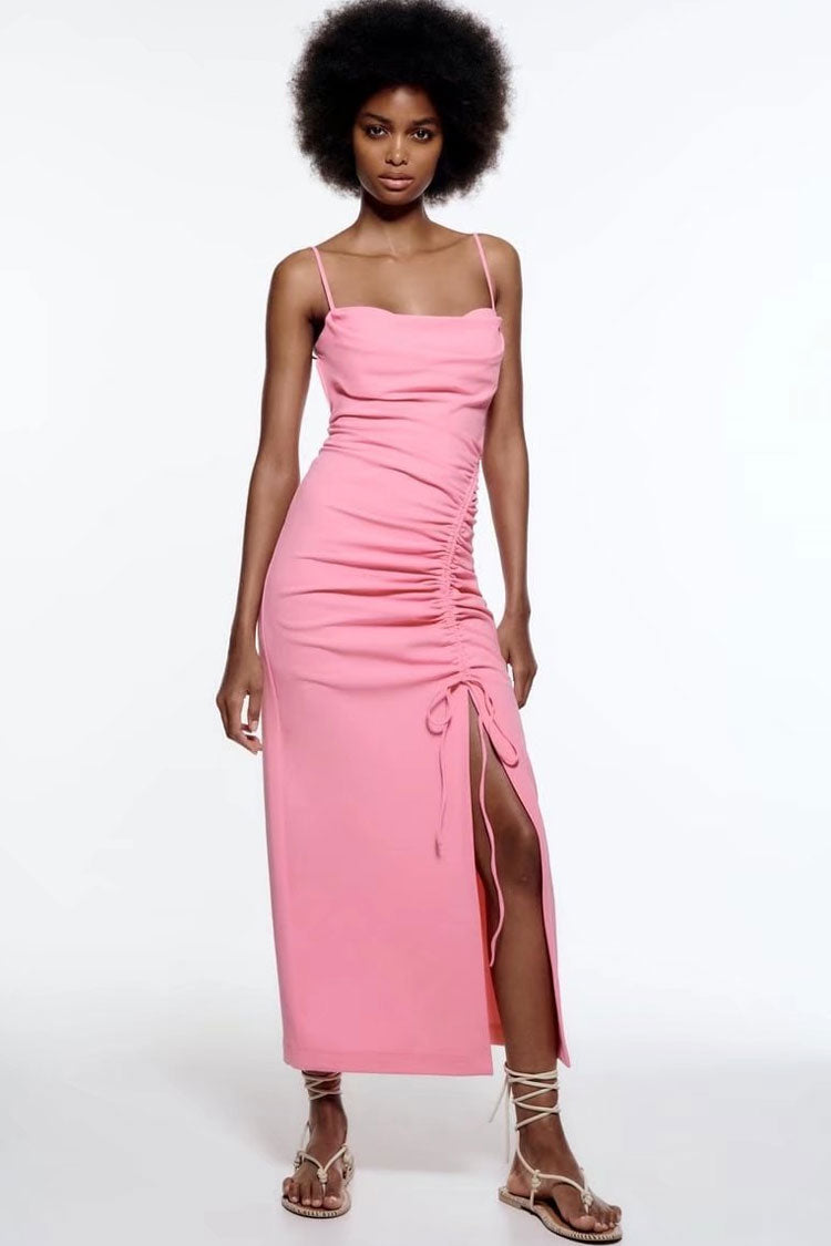Pink Cowl Neck Spaghetti Strap Ruched Tie Side Slit Slip Midi Dress