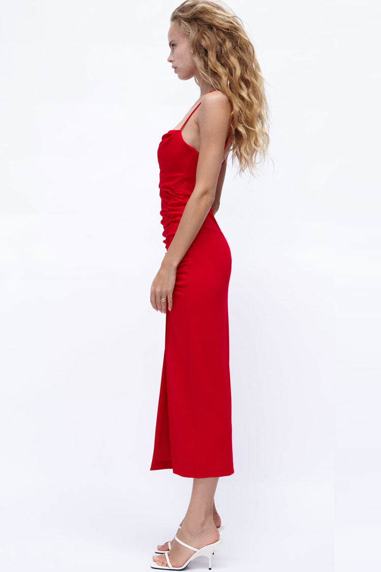 Red Cowl Neck Spaghetti Strap Ruched Tie Side Slit Slip Midi Dress
