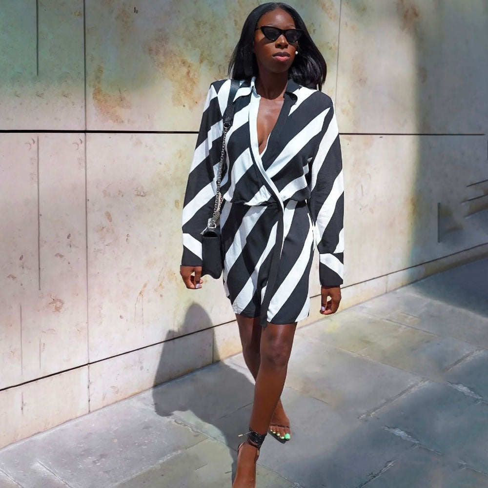 Black Collared Deep V Diagonal Stripe Long Sleeve Wrap Mini Dress