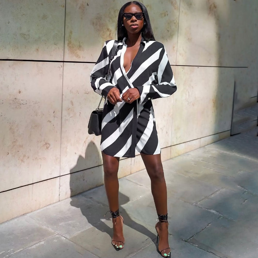 Black Collared Deep V Diagonal Stripe Long Sleeve Wrap Mini Dress