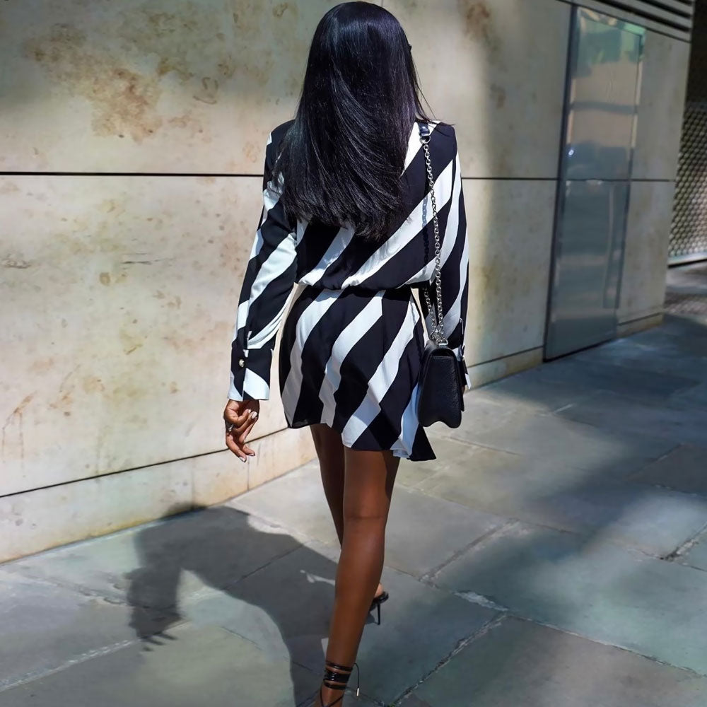 Black Collared Deep V Diagonal Stripe Long Sleeve Wrap Mini Dress