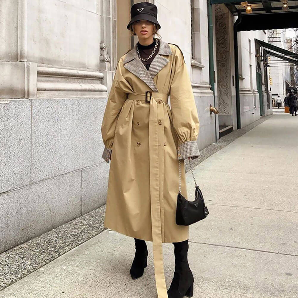 Khaki Notch Lapel Plaid Contrast Belted Double Breasted Trench Coat