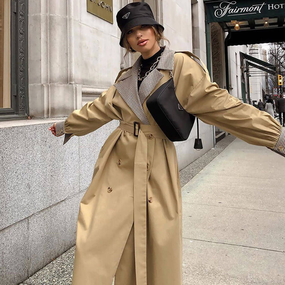 Khaki Notch Lapel Plaid Contrast Belted Double Breasted Trench Coat