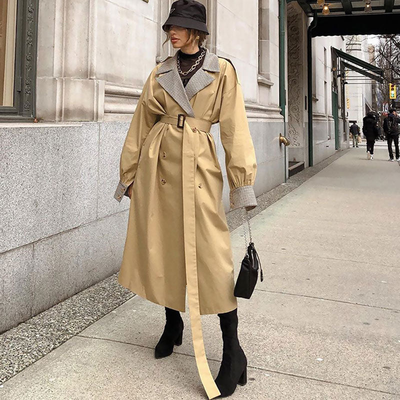 Khaki Notch Lapel Plaid Contrast Belted Double Breasted Trench Coat