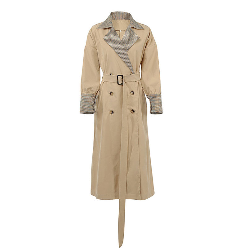 Khaki Notch Lapel Plaid Contrast Belted Double Breasted Trench Coat