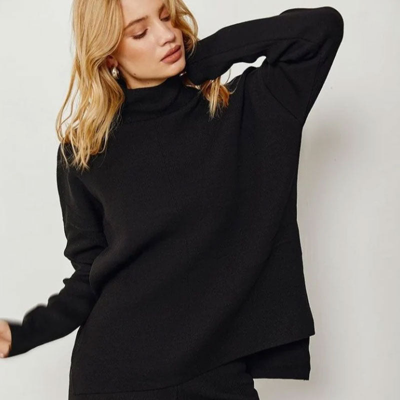 Black Mock Neck Knit Pullover Sweater Wide Leg Pants Set