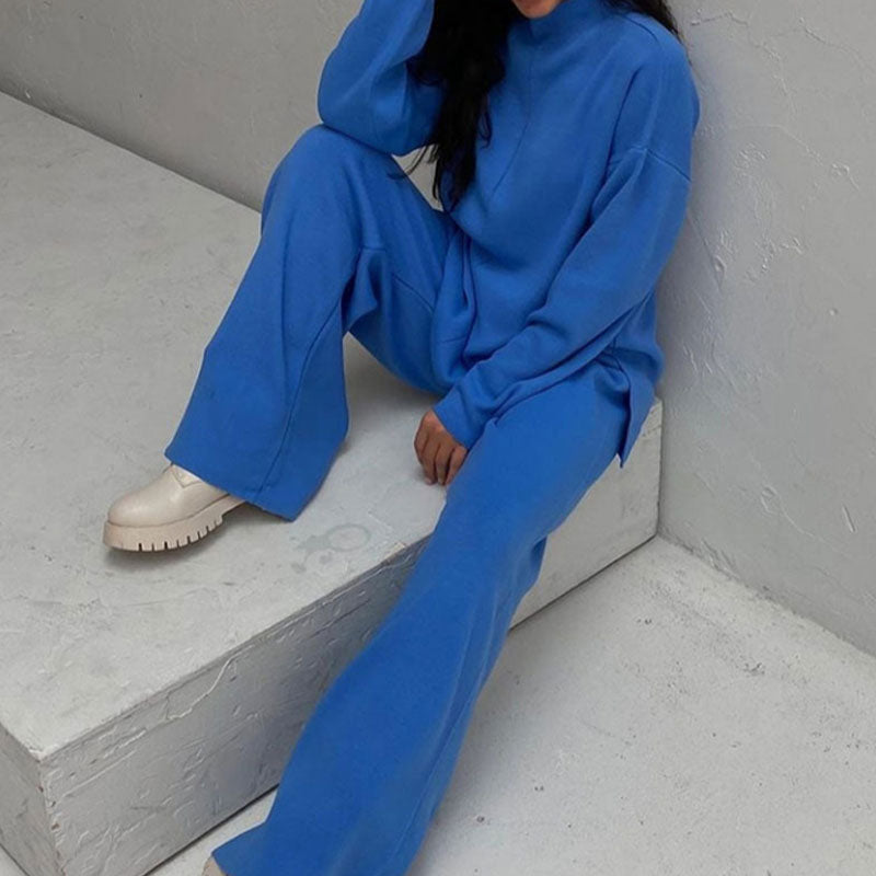 Blue Mock Neck Knit Pullover Sweater Wide Leg Pants Set