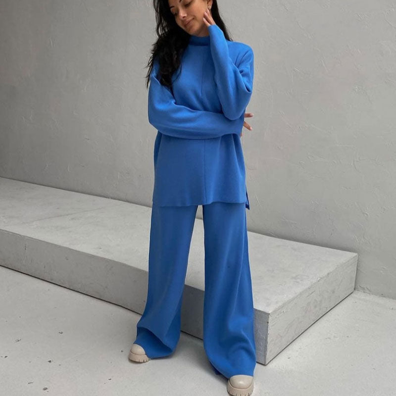 Blue Mock Neck Knit Pullover Sweater Wide Leg Pants Set