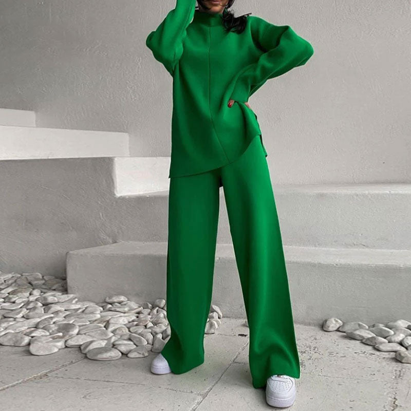 Green Mock Neck Knit Pullover Sweater Wide Leg Pants Set