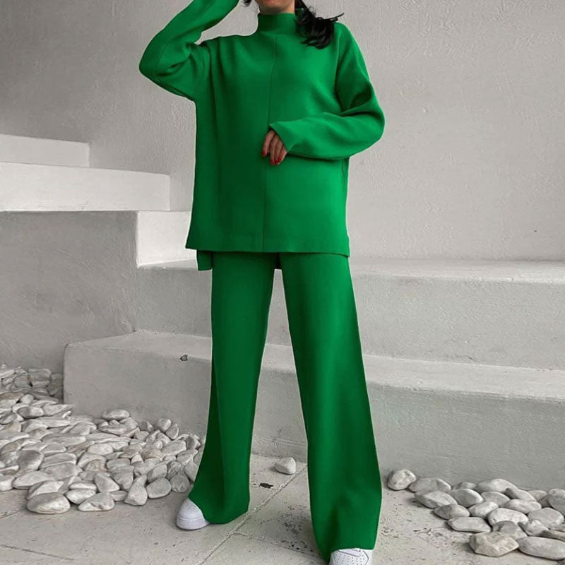 Green Mock Neck Knit Pullover Sweater Wide Leg Pants Set