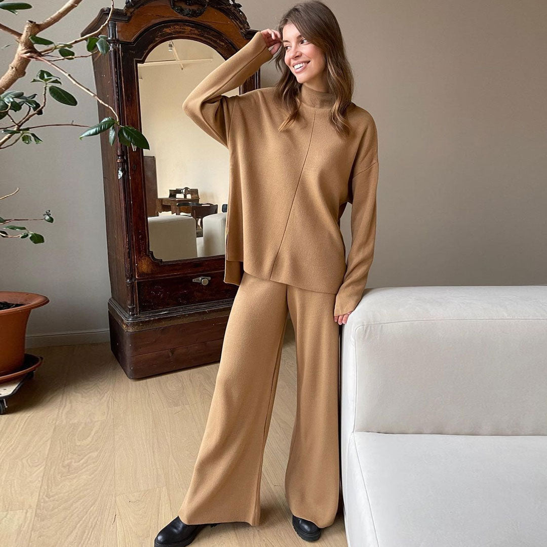 Khaki Mock Neck Knit Pullover Sweater Wide Leg Pants Set