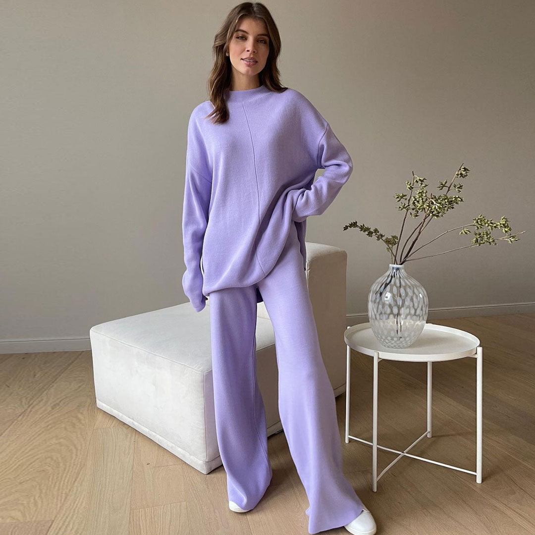 Purple High Neck Rib Knit Pullover Sweater Wide Leg Pants Set